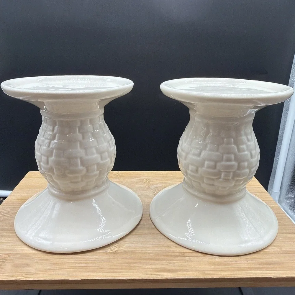 Pair Of Longaberger Ivory Woven Traditions Pedestal Pillar Candle Holders 5